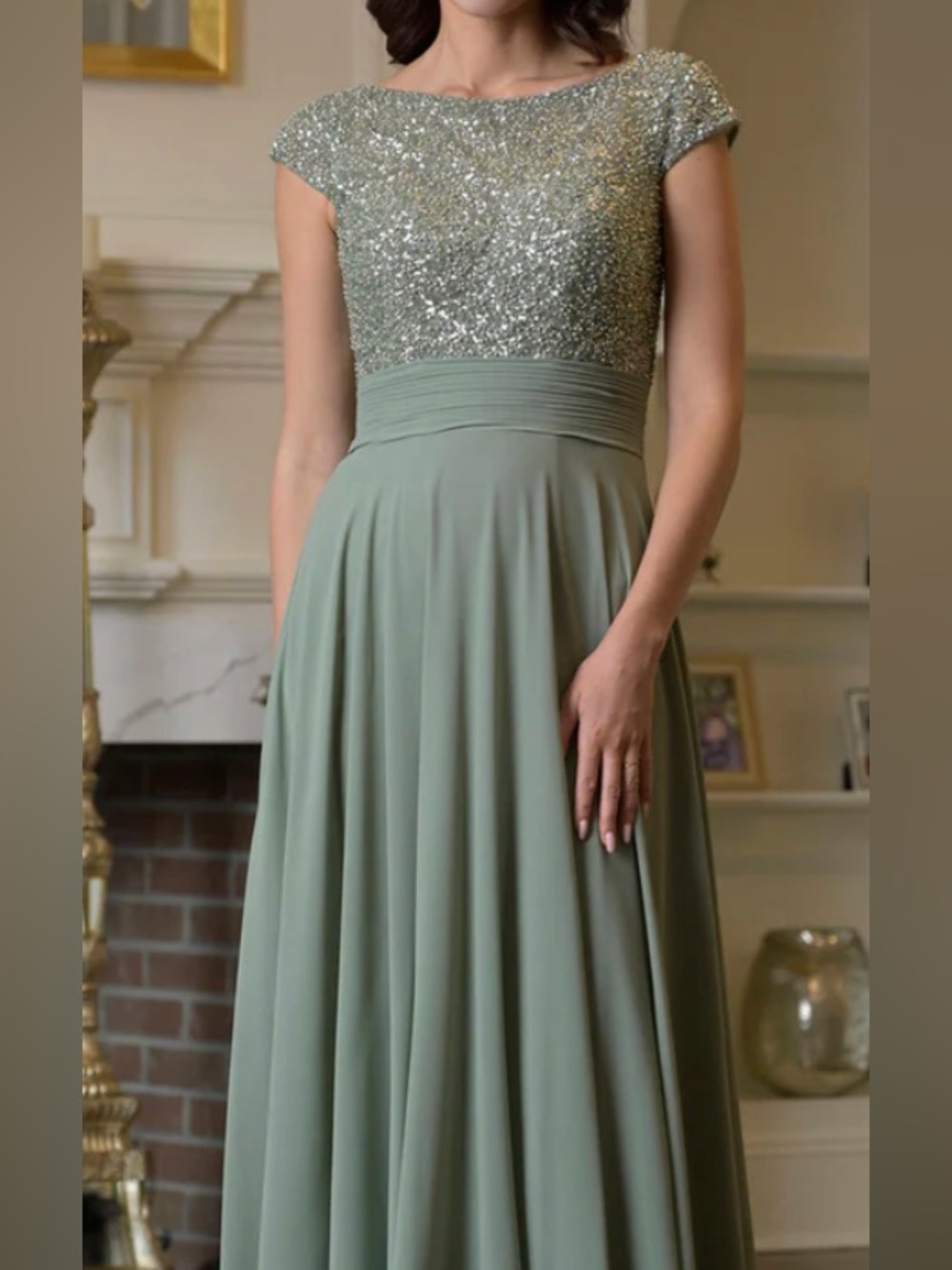 Sage Green Sequin Bodice Chiffon Formal Maxi Dress - Rina di Montella - new